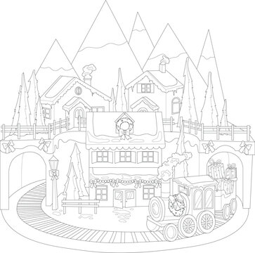 Cartoon Christmas Village In Snow With Decorations And Train With Presents Sketch Template. Winter Vector Illustration Of Houses In Black And White For Games. Coloring Paper, Page, Story Book, Print