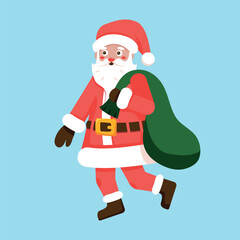 Santa Claus with a bag full of gifts. Vector illustration isolated on blue background