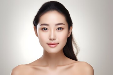 Beautiful young asian woman with clean fresh skin on white background. Beauty skin care.