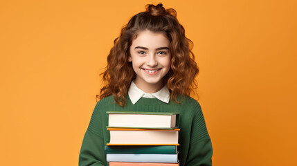 Happy schoolgirl around 15 years old holding books, minimal background, educational concept   - obrazy, fototapety, plakaty