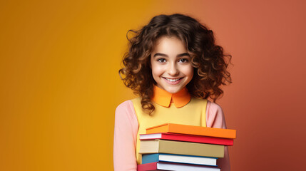 Happy schoolgirl around 15 years old holding books, minimal background, educational concept  