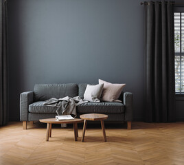 Cozy dark living room interior background, 3d render
