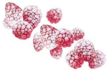 Levitation of frozen raspberries isolated on transparent background.