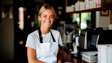 Young Female Entrepreneur Working in a Coffee Shop - obrazy, fototapety, plakaty