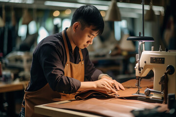 A man sits at a leatherworking bench, crafting a bespoke messenger bag with intricate stitching and details, destined to be a stylish and functional gift.  - obrazy, fototapety, plakaty