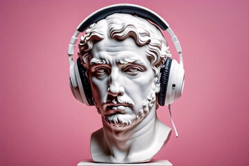 Gipskopf eines Mannes mit weißen Kopfhörern, pinkem Hintergrund, digitale Kunst