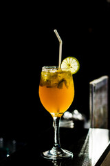 Iced lemon tea, a cooling drink placed on the table.