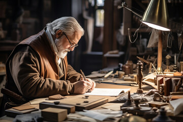 A man sits at a workbench, crafting a custom-made, leather-bound journal with intricate embossing, destined to inspire creativity in the hands of its recipient. 