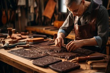A man in a leatherworking studio handcrafts a set of personalized leather wallets, embossing each one with intricate designs for a thoughtful Christmas gift. 