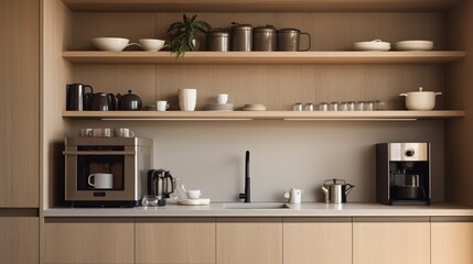 A contemporary kitchen with open shelving and a dedicated built-in coffee station.