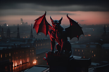 Gargoyle standing on top of a building. Its eyes are red and a red light shines on it. - Generative AI - obrazy, fototapety, plakaty