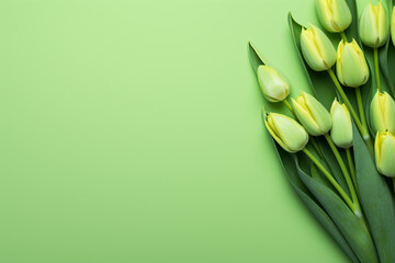 Minimal green spring background with yellow tulips