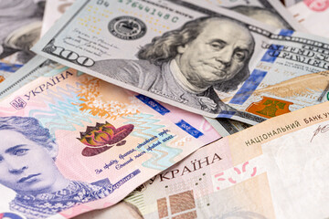 Dollar banknotes of the USA. Amerikan dollars. Money of USA and Ukrainian hryvnia.