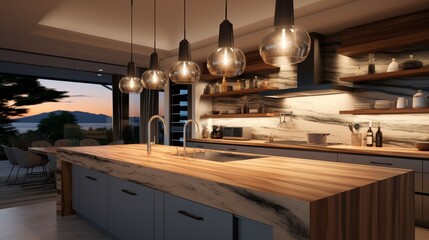 A current kitchen design with a polished waterfall edge island and pendant lighting.