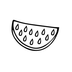 A piece of watermelon. Vector contour, black and white hand-drawn doodles. Logo, template, clipart, sketch, icon.