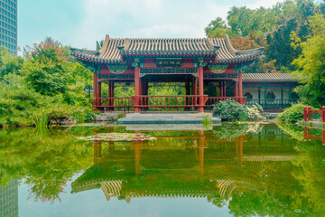 Ancient buildings and garden scenery in Yuetan Park, Beijing in summer