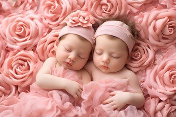 Twin newborn baby girls sleeping on pink rose fabric background. - obrazy, fototapety, plakaty