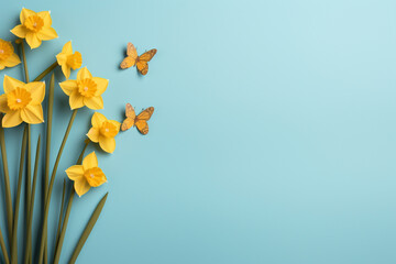 Minimal light blue spring background with daffodils