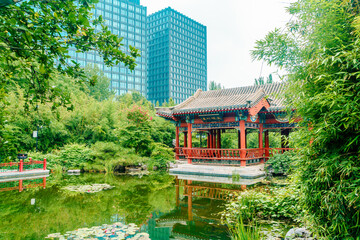 Ancient buildings and garden scenery in Yuetan Park, Beijing in summer