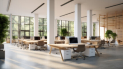 Blurred open space office interior background. Modern empty workspace design without partitions.