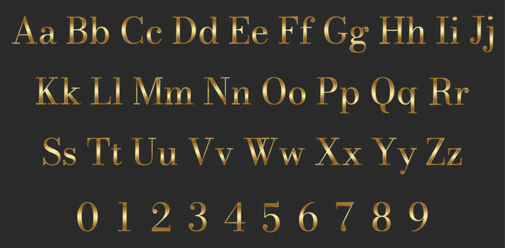 Set of gold metallic colored gradient letters and numbers. Versatile understated royal gold. Vector illustration.