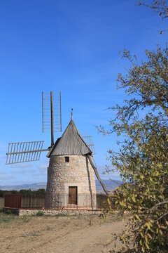 Moulin de Claira, a fully restored windmill located near Claira, Pyrénées-Orientales, France