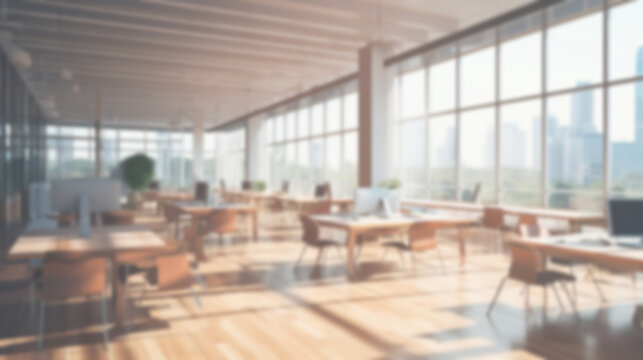 Blurred open space office interior background. Modern empty workspace design without partitions.