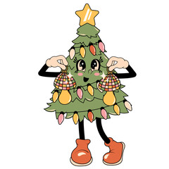 Funny retro cartoon christmas tree characters in trendy groovy hippie style. Fir tree 60 -70s. Merry Christmas and Happy New Year. Vector Illustration