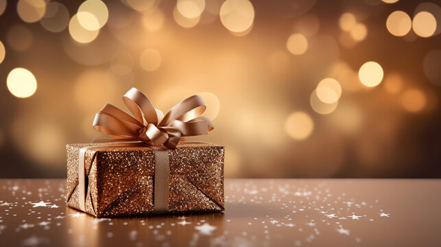 A close-up of a beautifully wrapped gift with a shimmering bow, set against a bokeh of gleaming New Year's confetti, adding a touch of elegance to the celebration. 