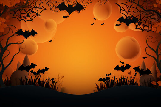 Happy Halloween banner or party invitation background with clouds,bats and pumpkins.