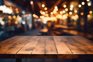 Empty vintage wooden table in front of blurred lights background copy space