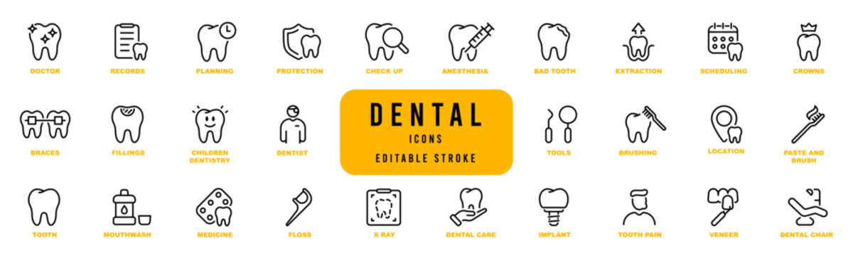 Dental icons editable stroke pictogram elements set. Outline icons collection. Vector illustration. Editable stroke