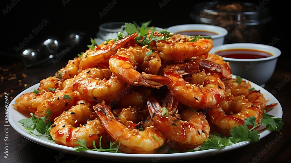 Wall mural Grilled fresh prawn shrimps on a plate with delicious sauce