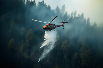 Fototapeta na wymiar Fire fighting helicopter leaves water to the forest