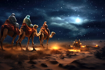 The Three Wise Men carry gifts through the desert guided by the stars. Christmas concept. - obrazy, fototapety, plakaty