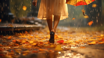 Woman walking in park, footsteps splash in puddles autumn leaves in the park
