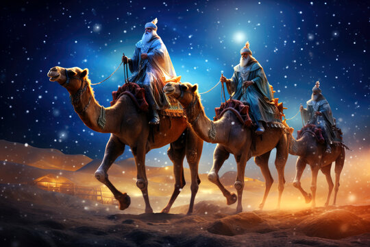 The Three Wise Men carry gifts through the desert guided by the stars. Christmas concept.