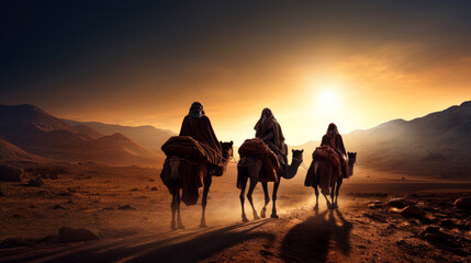 The Three Wise Men carry gifts through the desert guided by the stars. Christmas concept.