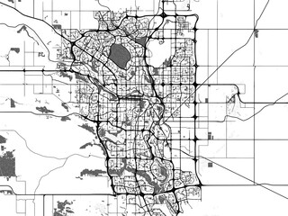 Fototapeta premium Greyscale vector city map of Calgary Alberta in Canada with with water, fields and parks, and roads on a white background.