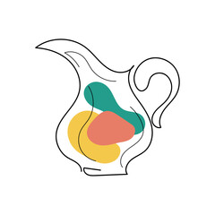 Milk jug in line art style with colorful green-red-yellow inserts on white background. Cute hand-drawn vector illustration