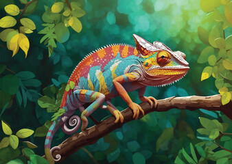 Colorful Chameleon Perched On Branch In Tropical Forest
