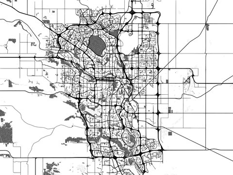 Greyscale vector city map of  Calgary Alberta in Canada with with water, fields and parks, and roads on a white background.