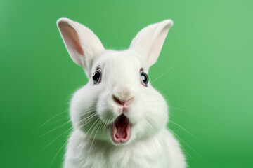 Fototapeta premium Portrait of white rabbit with funny surprised expression on its face on green background