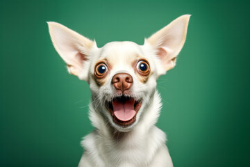 Portrait of white chihuahua dog with funny surprised expression on its face on green background - obrazy, fototapety, plakaty