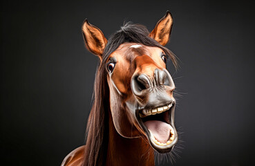 Portrait of horse with funny surprised expression on its face on dark background - obrazy, fototapety, plakaty