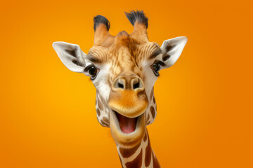 Portrait of giraffe with funny surprised expression on its face on orange background