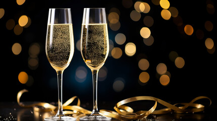 Two glasses of sparkling wine on table, golden confetti, bokeh lights on background, midnight party atmosphere