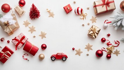 Christmas composition. Gifts, fir tree branches, red decorations on white background. Christmas, winter, new year concept, top view, copy space. Generative Ai