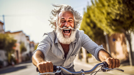 Laughing gray-haired senior on bicycle on street