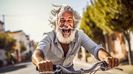 Plexiglas foto achterwand Laughing gray-haired senior on bicycle on street © Jaroslav Machacek